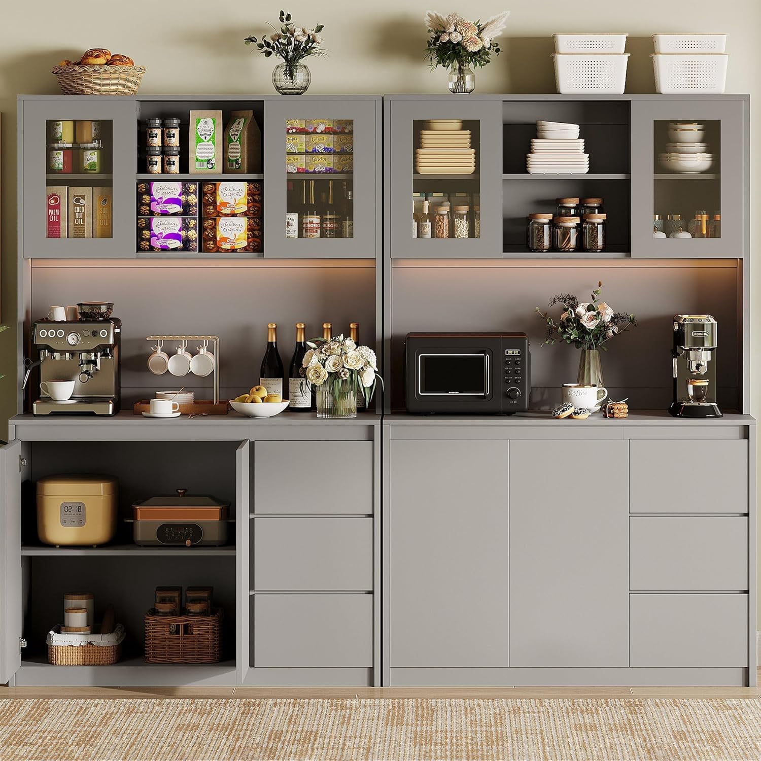 Freestanding Pantry Cabinet with Adjustable Shelf, Food Pantry with 4 Doors & 3 Drawers, Kitchen Pantry Cabinet with Built in Power Hub for Dining Room Gray