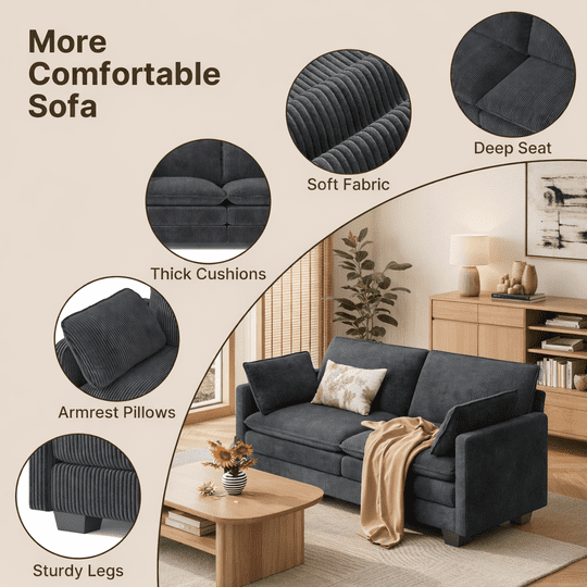 Aiho 75" L Loveseat Sofa, Comfy Corduroy Fluffy Couch with Deep Seat with Double Layer Cushions for Living Room, Apartment, Bedroom, Bedroom - Dark Gray