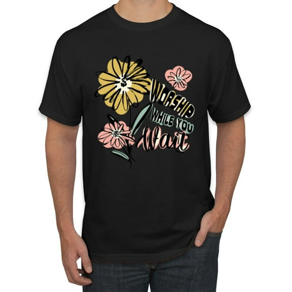 Wild Bobby Worship While You Wait Sunflower Pink and Yellow Inspirational/Christian Men Tee, Black, Small