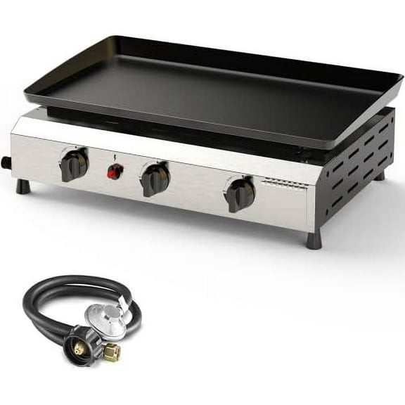 25.6 Inch 3 Burner BBQ Gas Grill Griddle, Stainless Steel Portable Detachable 30,000 BTU Table Top Propane Barbecue Grill for Camping or Tailgating (Only Griddle)