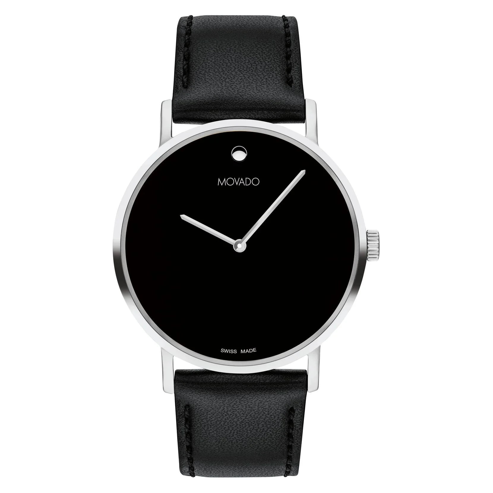 Movado Signature Museum 0607589 Black Dial Black Leather 40MM Silver Case Strap Men's Watch
