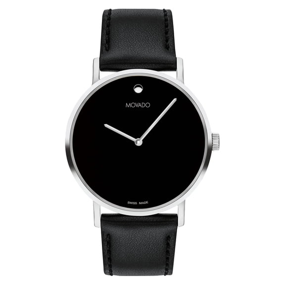 Movado Signature Museum 0607589 Black Dial Black Leather 40MM Silver Case Strap Men's Watch