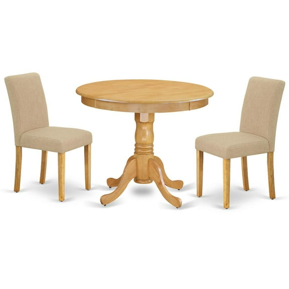 ANAB3-OAK-04 3Pc Rounded 36 Inch Dinette Table And Two Parson Chair With Oak Leg And Linen Fabric Light Fawn