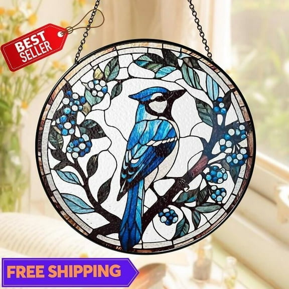 Blue Jay in Bush Suncatcher, Glass-Effect Window Decoration