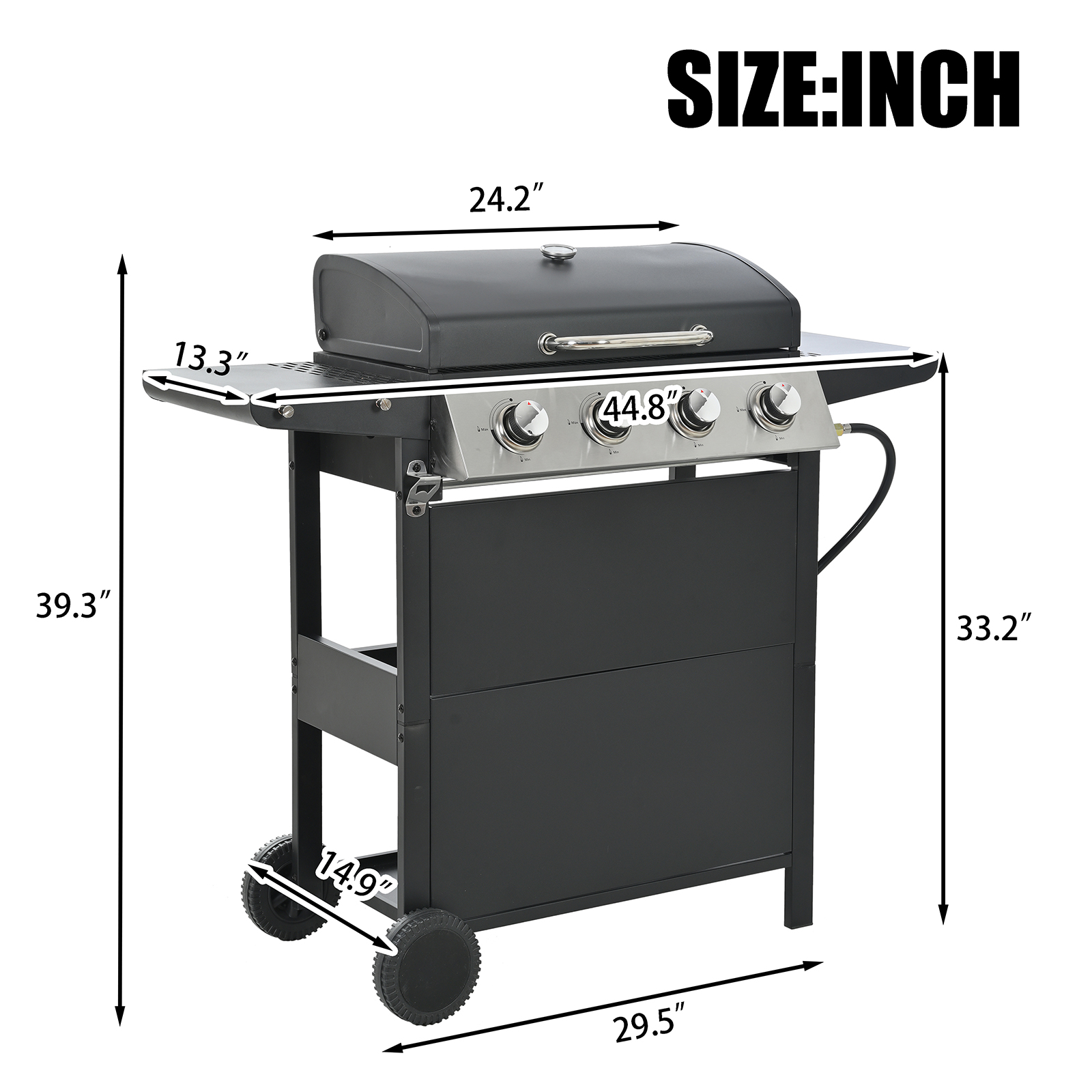 Gas Grill, 4-Burner Propane Gas Grill With 2 Foldable Shelves, Freestanding Grill Cart with Wheels, Side Burner, Lid, Outdoor BBQ Grill for Outdoor Garden Backyard Cooking Barbecue