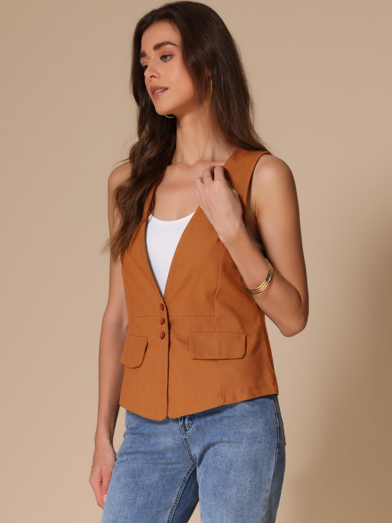 DARING DIVA Womens Linen Vest Loose Sleeveless Blazer Lightweight Jacket M Orange