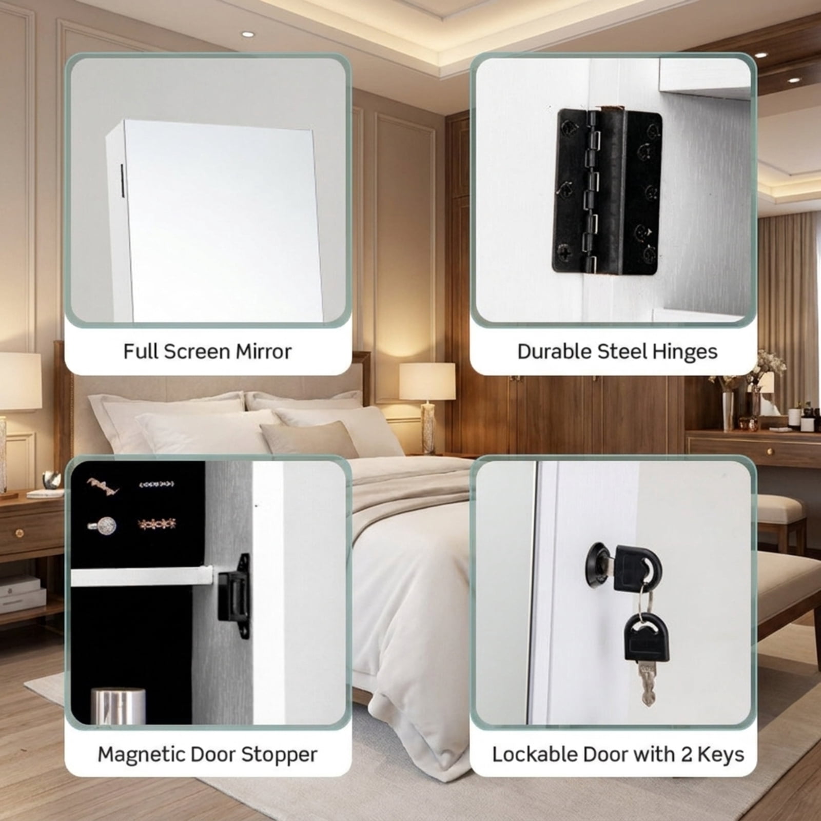 Furnibear Jewelry Cabinet with Full Length Mirror for Bedroom Dressing Room Standing Storage Cabinet with Mirror, White