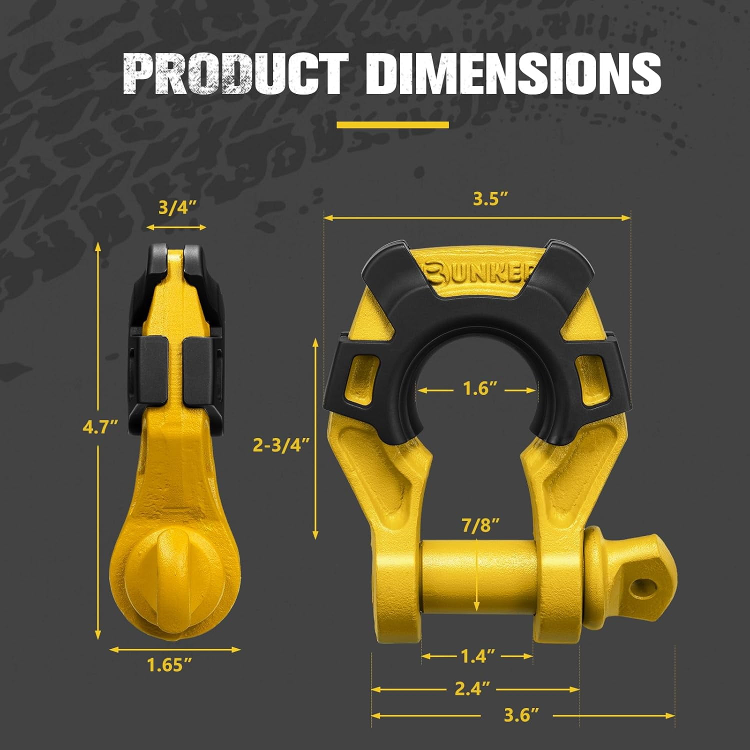 BUNKER INDUST 3/4" D Ring Shackle with 7/8" Pin,Yellow Tow Shackles with Isolator for Use with Tow Strap, Winch, 2 Pack Off-Road Recovery Shackle for Jeep Truck ATV UTV, 42,000lbs Break Strength