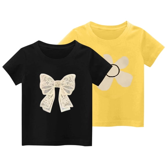 Amidoa Girls Short Sleeve Summer Graphic Crewneck T Shirts Cotton Kids Casual Tops Black Size 140