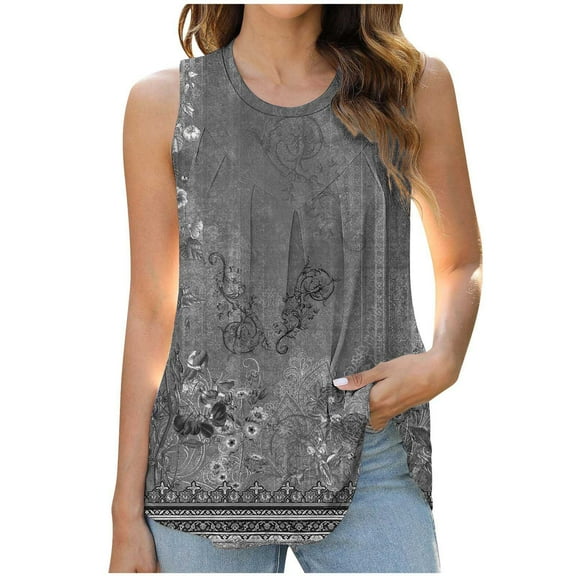 Wycnly Tank Top for Women Tank Top for Women Lightweight Loose Vintage Pleated Swing Tunic Tank Fashion Floral Print Sleeveless Tops Ladies Sleeveless Shirt