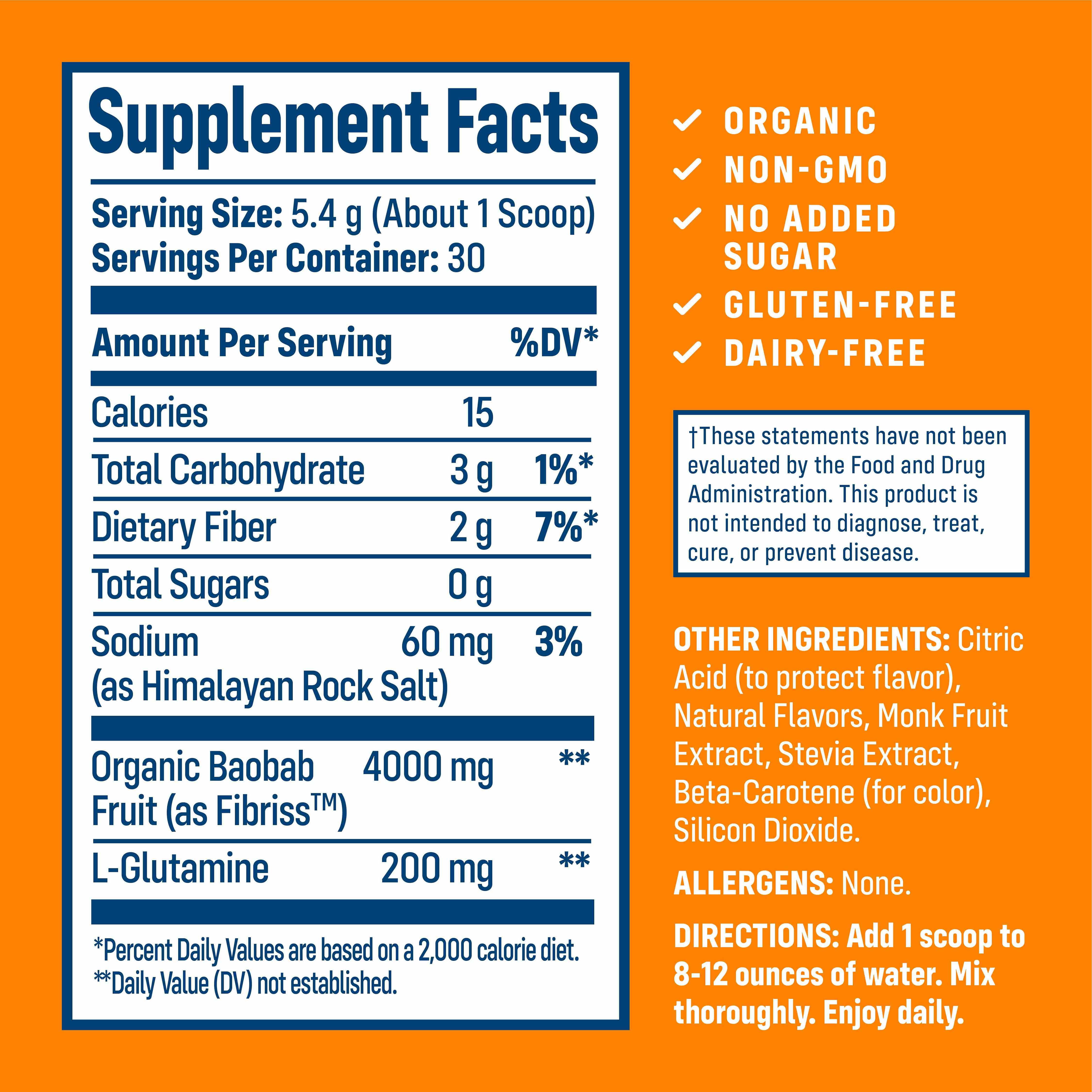 NativePath Organic Baobab Prebiotic Fiber Powder with L-Glutamine, Orange, Sugar-Free, 30 Servings