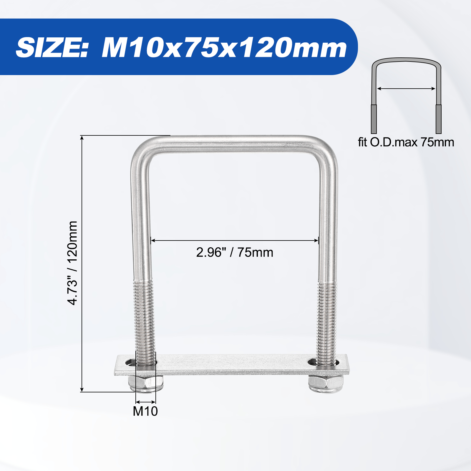 U Bolts 2Set (M10x75x120mm), Square U Bolt Kits 304 Stainless Steel with Nylon Lock Nut Washers Plates - for Construction, Pipe, Trailer, Automotive, Leaf Spring Fastener