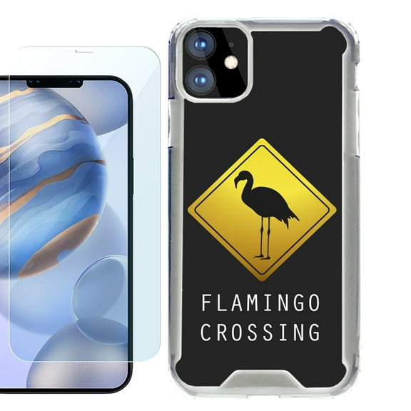For Apple iPhone 12 Case, iPhone 12 Pro Case, Hybrid Bumper Phone case, with Tempered Glass Screen Protector, by OneToughShield ® - Flamingo