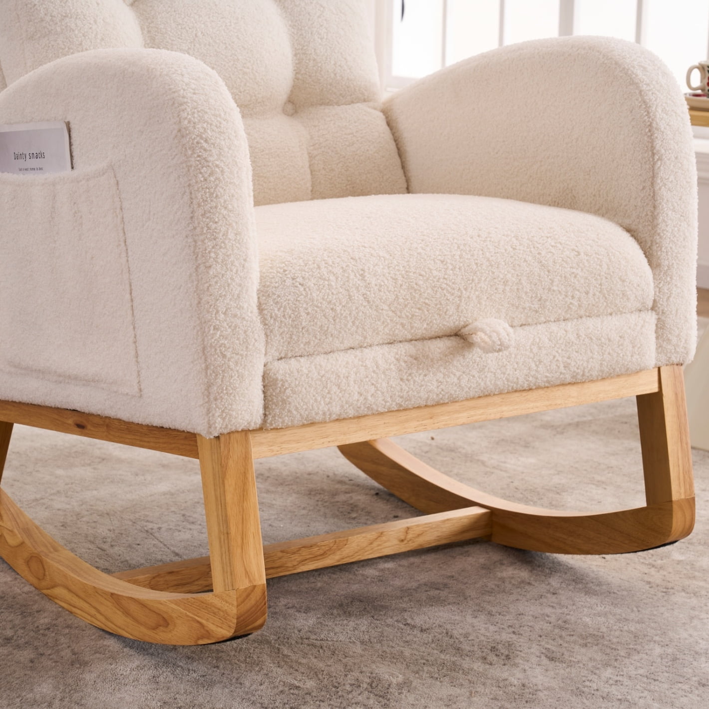 Nursery Rocking Chair with Footrest,Teddy Upholstered Rocking Chair with High Back and Side Pocket,Accent Armchair with Rubber Wood Legs for Living Room Bedroom,Beige+White,38.36"Wx26.77"Lx39.76"H