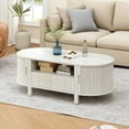 thumbnail image 6 of ONBRILL 47.2 Inch Oval Coffee Table with Storage, Mid Century Modern Coffee Table with Drawer, Center Table with Sliding Door and Wood Fluted Handle for Living Room, Natural White, 6 of 14