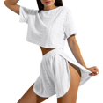 thumbnail image 2 of Xunmmm Women's Pajamas Set Comfortable Loose Solid Color Mesh Hollow Short Sleeve T-shirt and Short Home Clothes 2 Piece Set Loungewear, 2 of 6