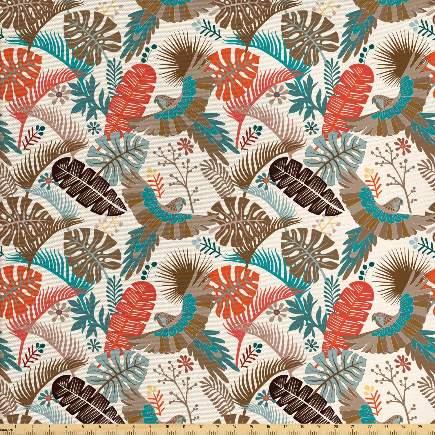 Exotic Fabric by The Yard, Tropical Leaves and Parrots in Abstract