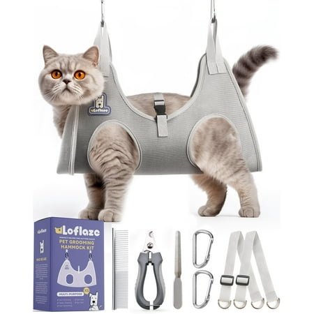 Loflaze Dog Grooming Hammock Harness for Dogs & Cats with Pet Nail Clipper Trimmer - Cat Hanger Sling for Trimming Clipping Nails- Dog Hammock Restraint Bag for Small Medium Large Dog  Grey XS C43