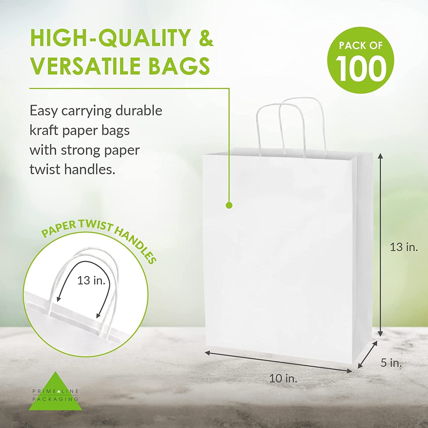Prime Line Packaging White Gift Bags, Medium Gift Bags Bulk, Paper Bags with Handles 10x5x13 100 Pack