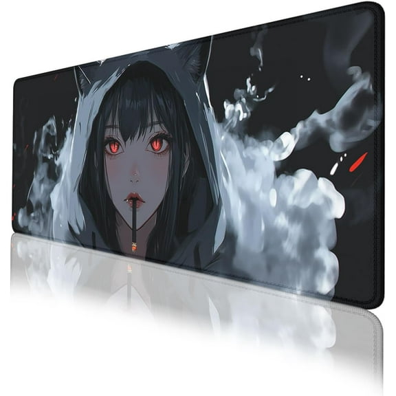 Anime Girl Gaming Mouse Pad Cute Girl with Red Eyes Black Cat Ears Extended Mousepad XXL Computer Laptop Keyboard Mouse Mat Big Aesthetic Desk Decor Pad 31.5x11.8 in