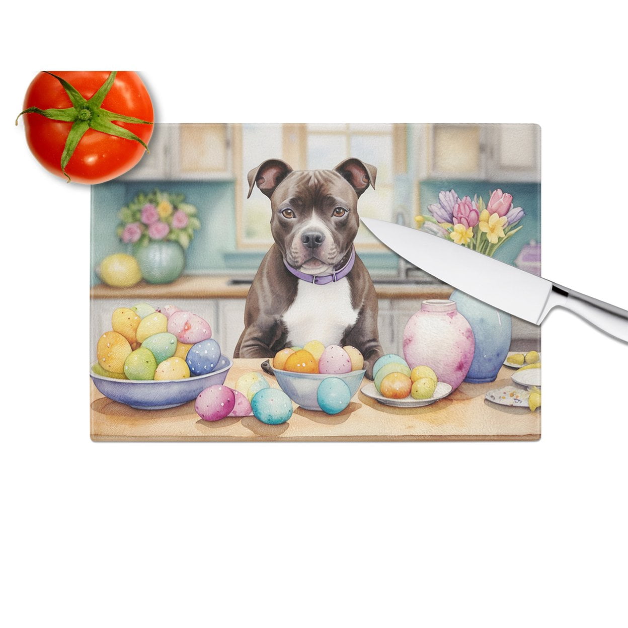 Decorating Easter Staffordshire Bull Terrier Glass Cutting Board 12 in x 15 in