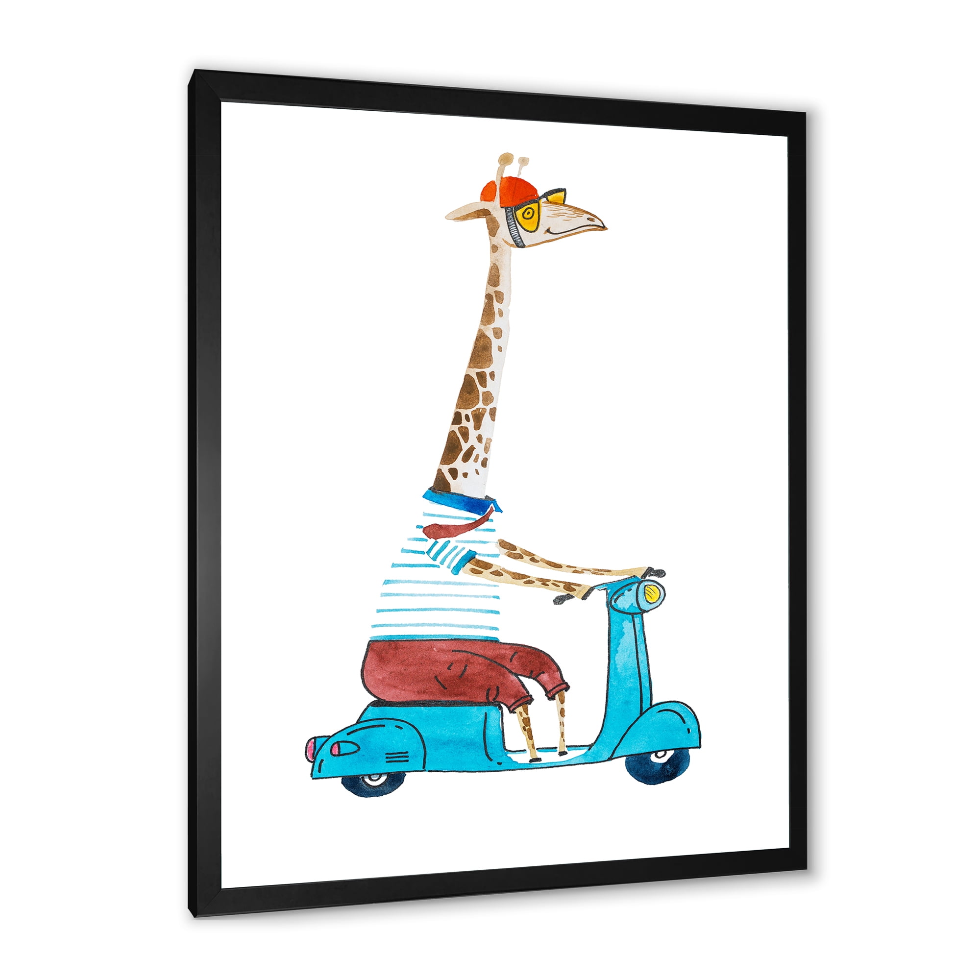 Designart 'Giraffe Dressed Up Wearing Helmet & Riding Blue Scooter' Children's Art Framed Art Print