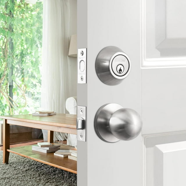 Front Door Handle Set Entry Door Lock Set Satin Nickel Entrance Handle Set with Lock with Single Cylinder Deadbolt and Knob Handle Reversible for Right & Left Handed Doors (Antique_