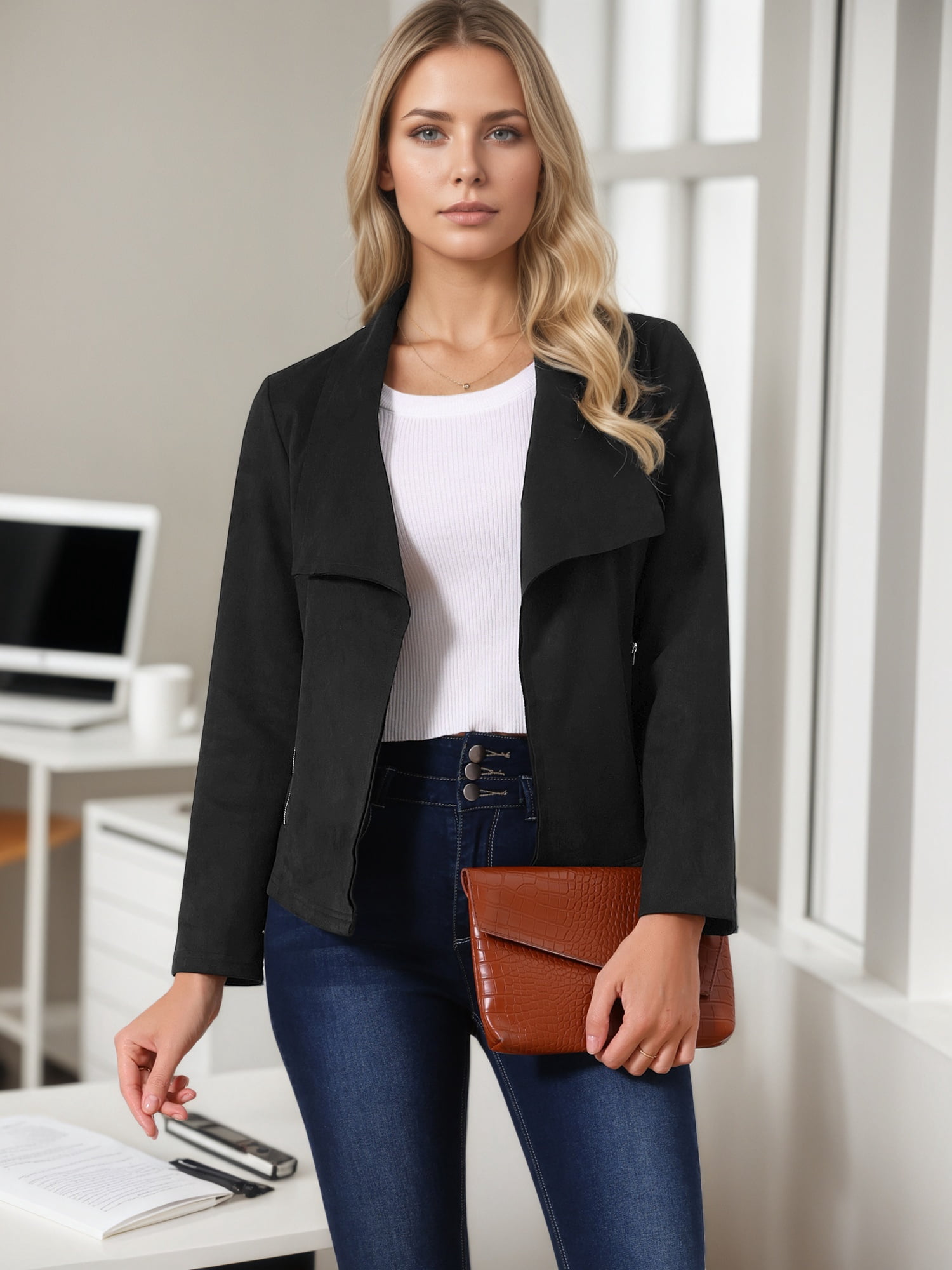 DARING DIVA Women's Faux Suede Long Sleeve Open Front Cropped Coat M Black
