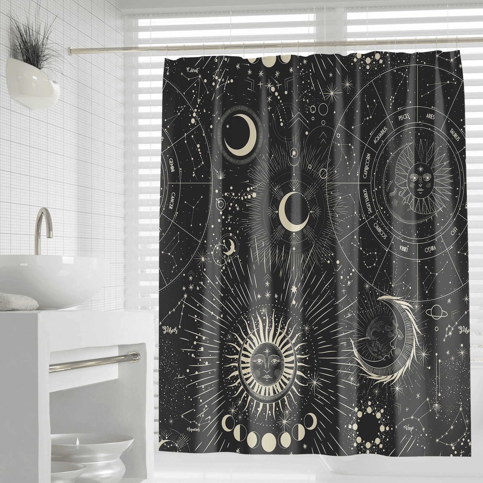 Black Gold Moon Star Mandala Modern Bathroom Waterproof Bath Shower Curtain 