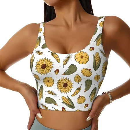 Lukts Cartoon Corn Pumpkin Sunflower Print Womens Workout Tank Tops U Back Workout Fitness Top with Built in Shelf Yoga Bra XX-Large