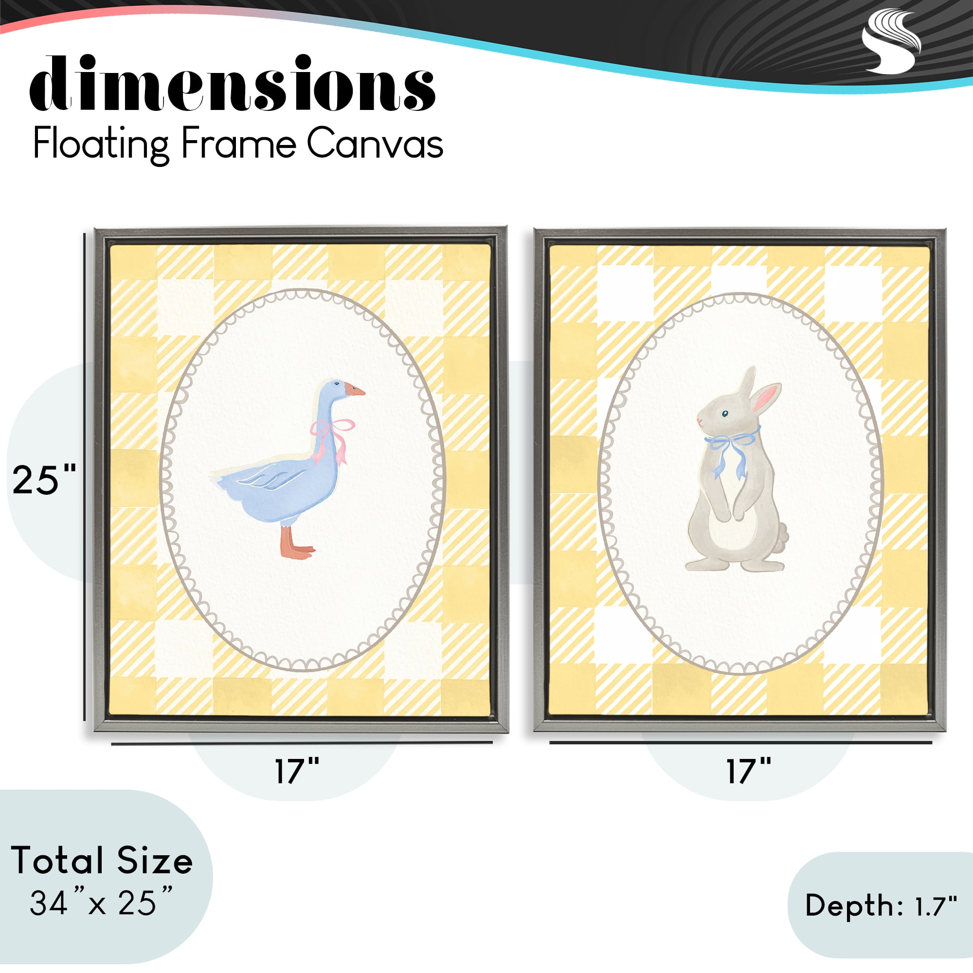 Stupell Industries Goose & Bunny Yellow Gingham 2 Piece Gray Framed Floater Canvas Set, design by The Paper Curator