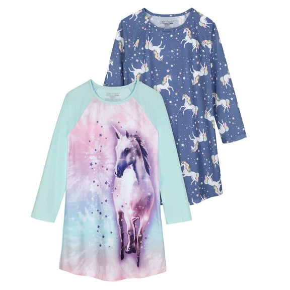 Saint Eve Kids Girls 2 Pack Nightgowns, Long Sleeve 2pc Soft Jersey Sleep Shirt - Blue Unicorn