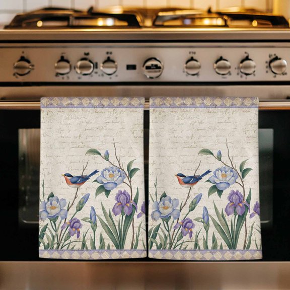 Spring Flowers Kitchen Towels Set of 2, Vintage Floral Leaves Birds Pastoral Botanical Absorbent Dish Towels for Kitchen, Microfiber Hand Towel, Quick Drying Tea Towel for Cleaning Dishcloths