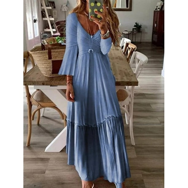 Lovaru Women S Long Sleeve V Neck Dress Long Boho Maxi Dress Walmart Com Walmart Com
