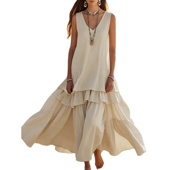 Women Dresses V-Neck Maxi Dress Tiered Silhouette with Sleeveless Flowy Dress Cream White L