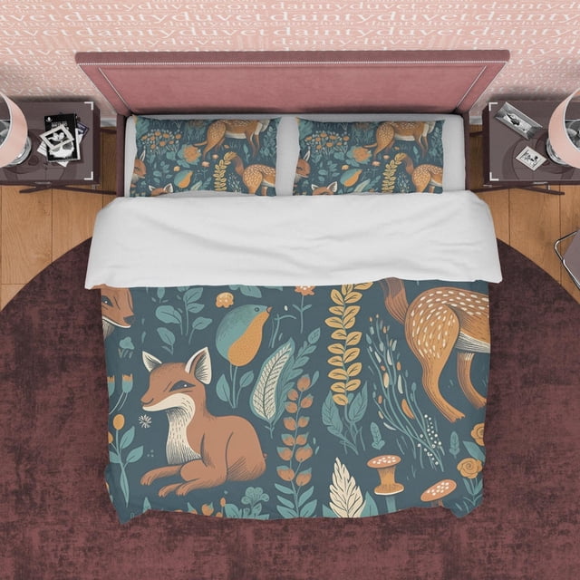 Juego de cama retro ciervo, funda nórdica jungla, funda nórdica verde, bosque