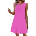 thumbnail image 2 of Wovilon Women's Sleeveless Crew Neck Shift Mini Dress with Crochet Lace Front, Relaxed Loose Fit A-Line Silhouette, Lightweight Breathable Stretchy Polyester Blend Solid Color, 2 of 5