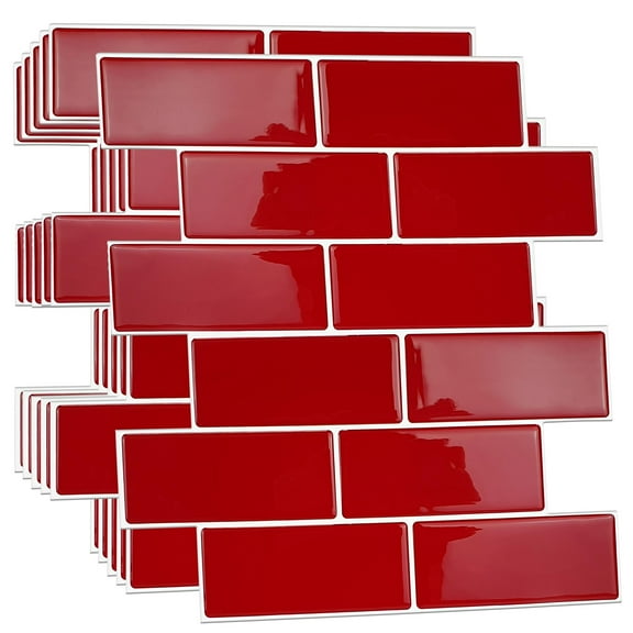 WALPLUS 6 PCS Removable Sticky Tiles for Wall 12 x 12 in Cherry Red Retro Glossy 3D Tile Wall Stickers