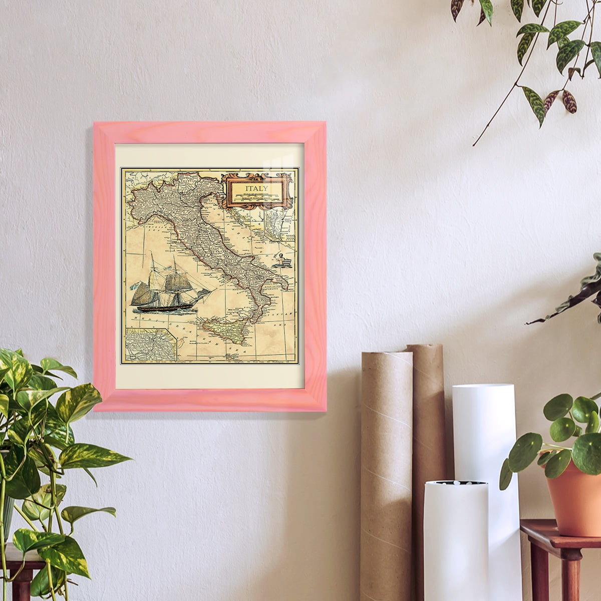 Italy Map -Framed Print w/glass-Sunset Pink