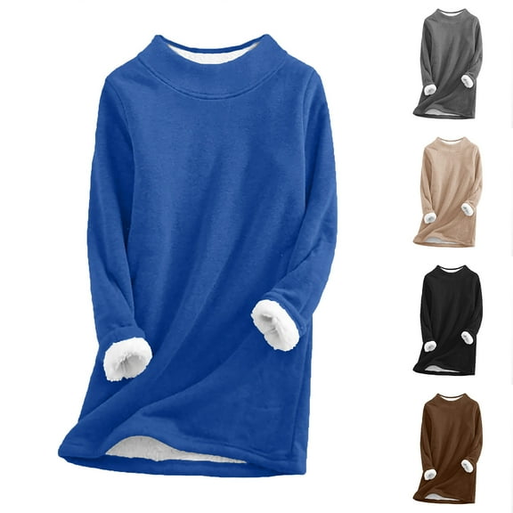 lcziwo Womens Sherpa Lined Pullover Mock Neck Long Sleeve Fleece Thermal Sweatshirt Loose Comfy Loungewear Tunic Tops Lightning Sales of Today Blue XL