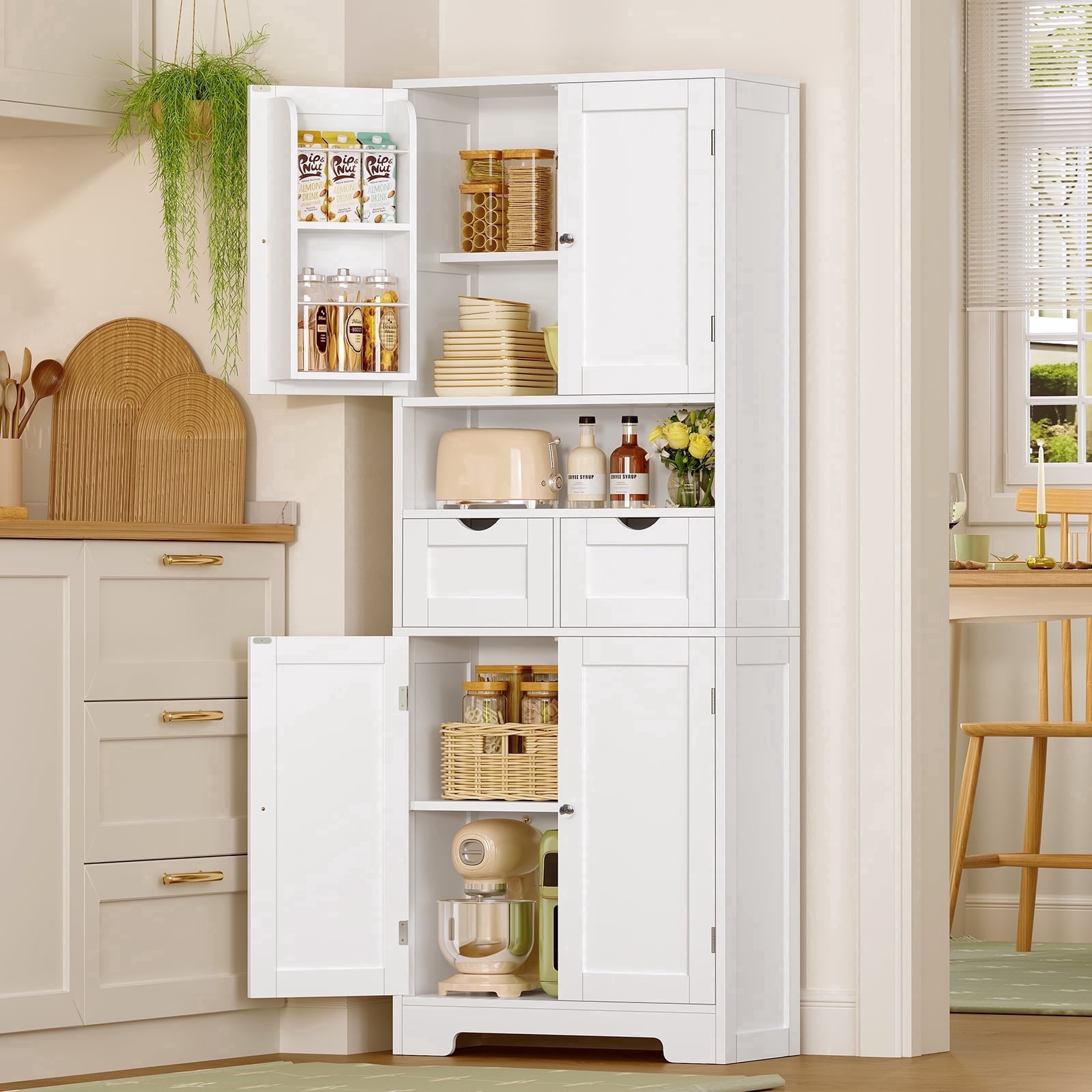 TEENFON Kitchen Pantry Cabinet with Adjustable Shelf, Tall Storage Cabinet with 2 Drawers & 4 Door Shelves, Food Pantry Cabinets, for Kitchen, White