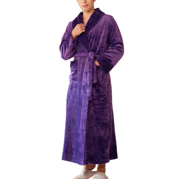 SWSMCLT Men's Long Sleeve Fleece Bathrobe Warm Long Sleeping Winter Thick Lounge Sleepwear Pajamas Soft Comfy Fleece Purple Small