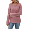 thumbnail image 5 of Women Long Sleeve Striped Waffle Knit Tops Fall Winter V Neck Casual Fashion Shirts Brown S, 5 of 9
