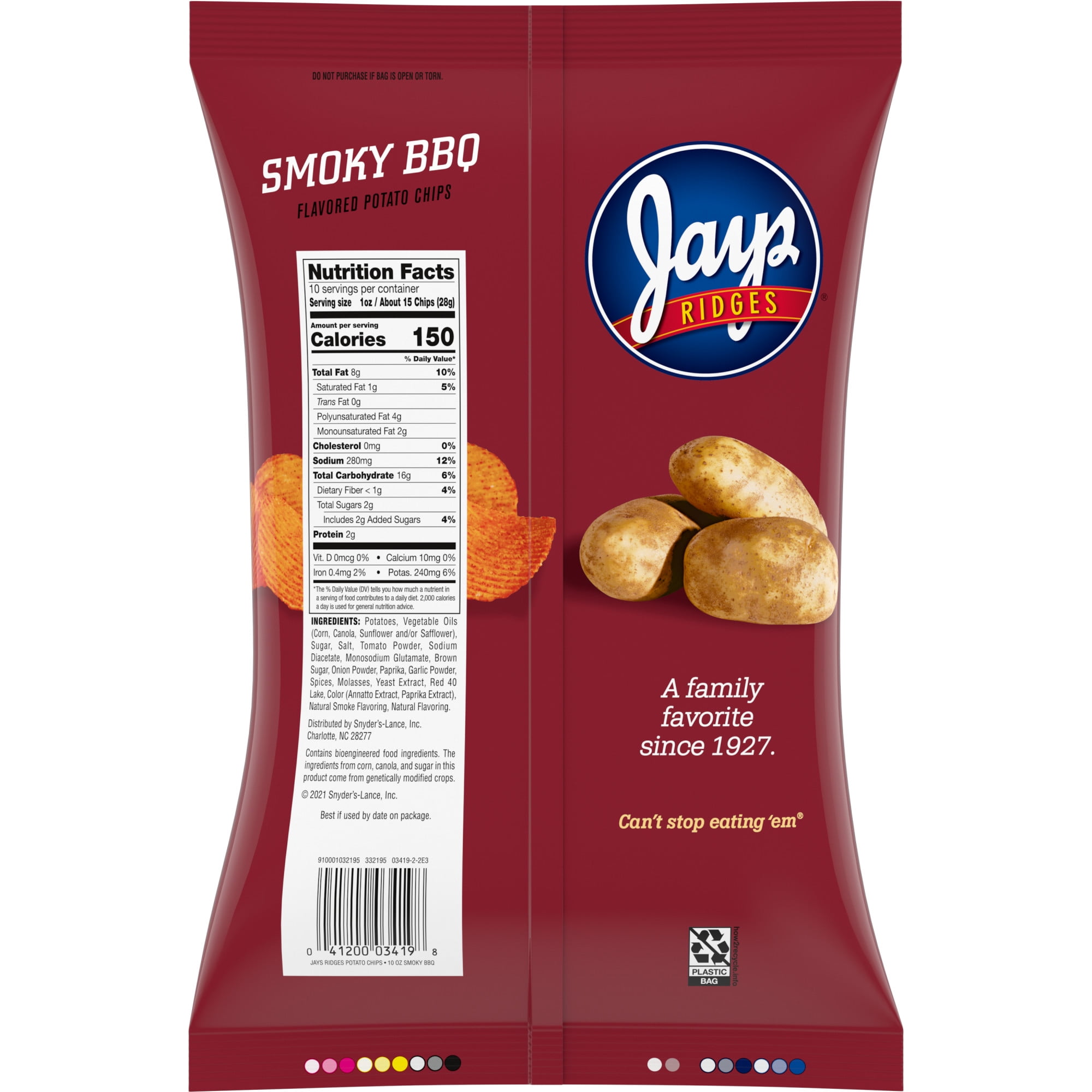 Jays Ridges Potato Chips Smoky BBQ 10 oz Bag Walmart