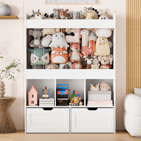 VortinT Toy Storage Organizer with 100L Stuffed Animal Storage, 3-Tier Montessori Wooden Kids Bookshelf with Movable Drawers, Cube Storage, 51.7" H Storage Cabinet for Kids Room, White