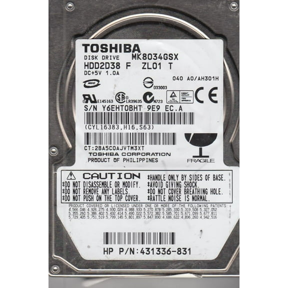 MK8034GSX, A0/AH301H, HDD2D38 F ZL01 T, Toshiba 80GB SATA 2.5 Hard Drive