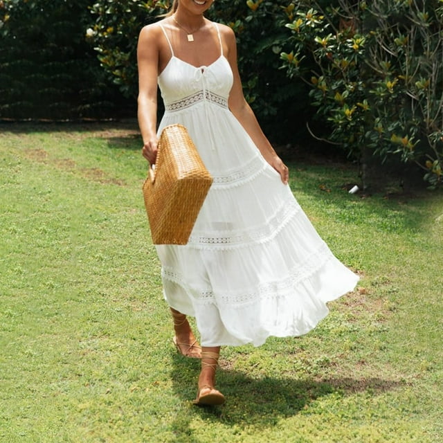 Vestido blanco bohemio de verano para mujer, con escote en V y tirantes finos, vestido largo