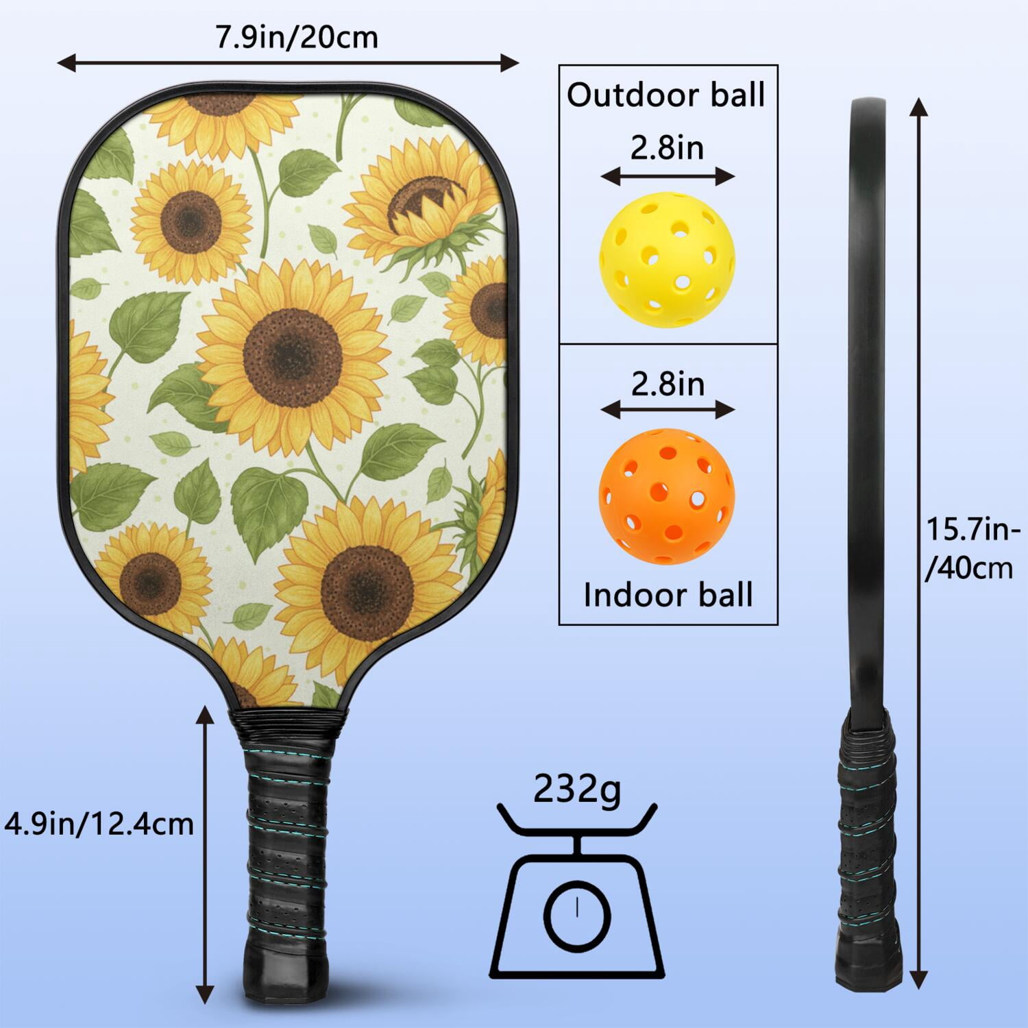 Pickleball Paddles Set Of 1, Fiberglass Surface,Sunflower Print, 1 Paddle, 2 Balls & Bag