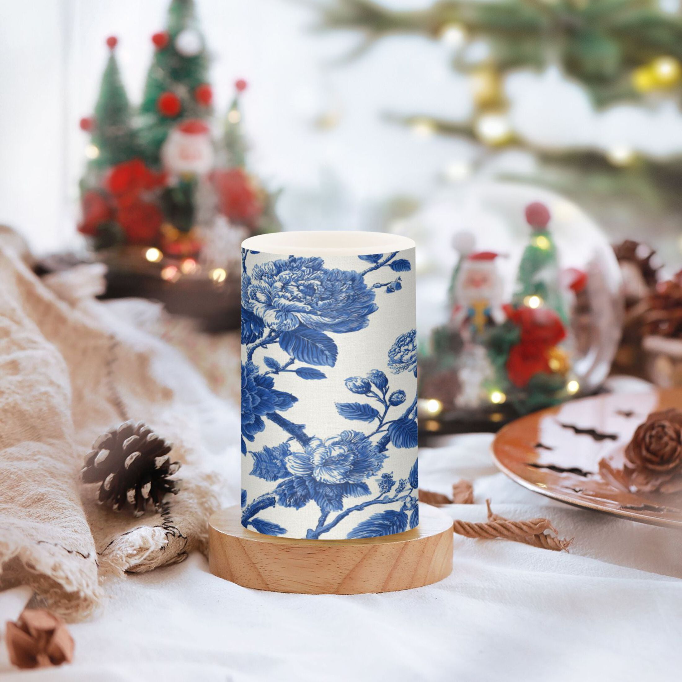 2 PCS Flameless Candles with Remote Timer LED Battery Operated Flickering Candle Light for Wedding Table Home Decoration Gifts Blue Floral