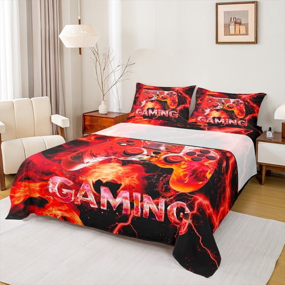 Manfei Kids Gamepad Controller Twin Sheet Sets,Console Video Gaming Twin Fitted Sheet,Red Black Flat Sheet For Boys,Luxury Bedroom Decor,3 Pieces